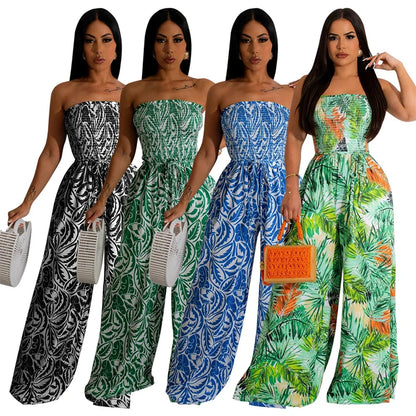 Elegant Print Jumpsuits for Woman Romper Sleeveless Backless Strapless High Waist Loose Straight Wide Leg Jumpsuit Club Clothing