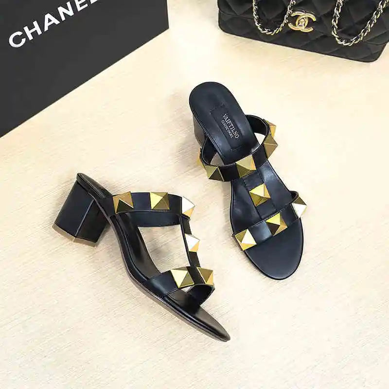 Women's Heels Sandals Gladiator Summer Luxury Brand Designer Rivets Open Toe Slipper Slingbacks Comfortable Ladies Shoes Women