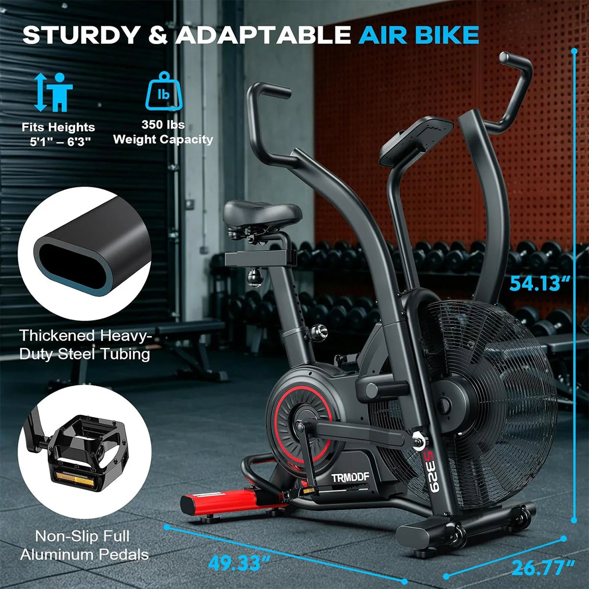 Pooboo Air Resistance Fan Exercise Bike, Upright Stationary Indoor Cycling Bike with Bluetooth Connection, Dual Action Handlebars and Dual-Layer Transmission System for Home Gym Cardio Training