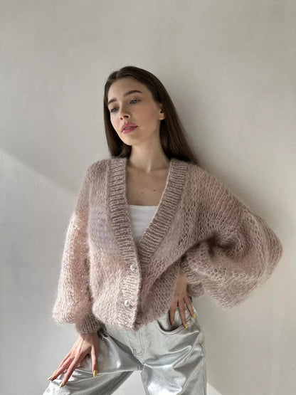 Women Knitting Cardigan 2026 New Women Mohair Knit Cardigan Hollow Out Sheer Long Sleeve Casual Knitted Outerwear Sweater