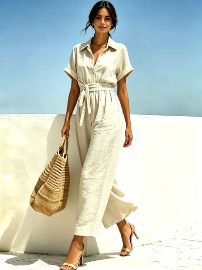 2026 Women's Shirts And Jumpsuits Fashion V-neck Lace Up Wide Legs Summer Casual Resort Female Short Sleeve Rompers Shirts Pants