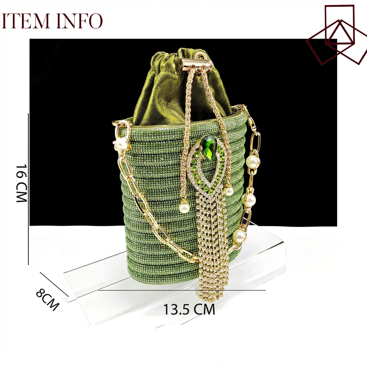 Stylish And Special Olive Bright Bag Match Women's Sandals Set With Big Diamond Tassels And Long And Short Double Chains