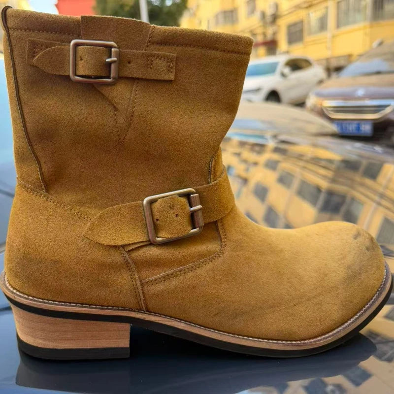 distressed Handmade Khaki Suede Work Boots Men's And Women's Engineer ort Boots American Retro Motorcycle Faded Mid-Calf shoes