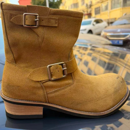 distressed Handmade Khaki Suede Work Boots Men's And Women's Engineer ort Boots American Retro Motorcycle Faded Mid-Calf shoes
