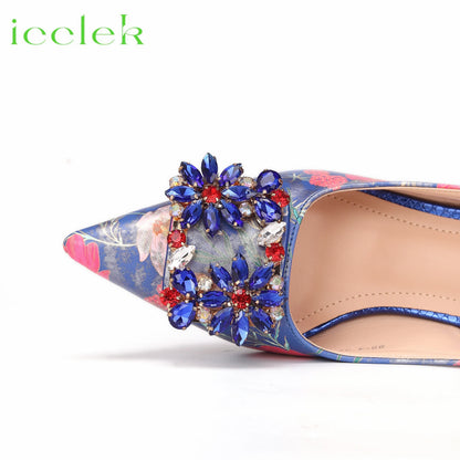 Newest Green Color Print Design High Heels Decorated with Water Rhinestone Party Women's Shoes and Bags Set