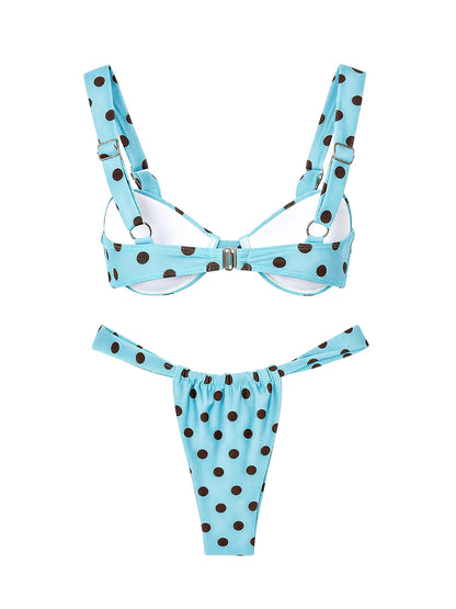 Retro Brown Dot Bikini Sexy Off Shoulder Swimwear Women High Cut Thong Biquini Set Luxury Summer Vacation Beach Bathing SuitK337