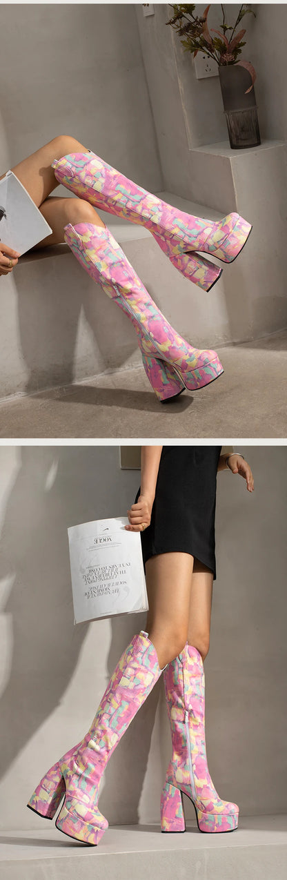 Super Waterproof Platform Strange Chunky Heel Graffiti Women's Boots Plush Inner Zipper Flock Material Knee Boots Plus Size