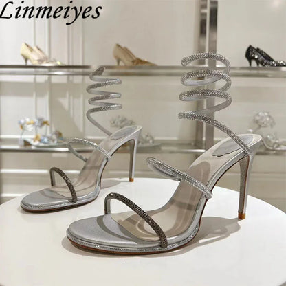 Summer Crystal Gladiator Sandals Women Rhinestone Twine Around Ankle Snake Wedding Shoes High Heels Sandals Woman