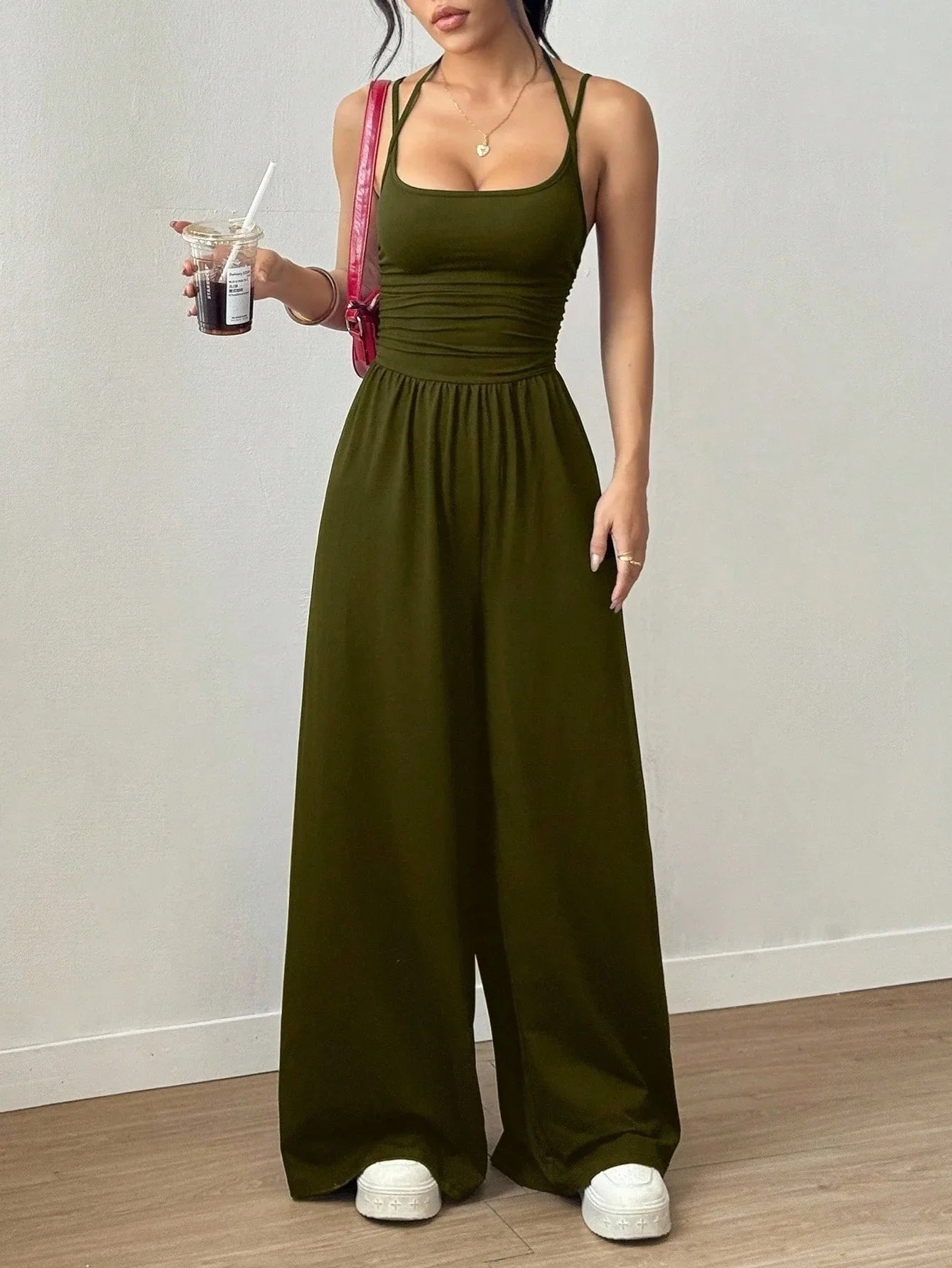 Women Halter Spaghetti Strap Jumpsuits Summer Casual Elastic High Waist Backless Wide Leg Long Pants Romper Club Party Overalls
