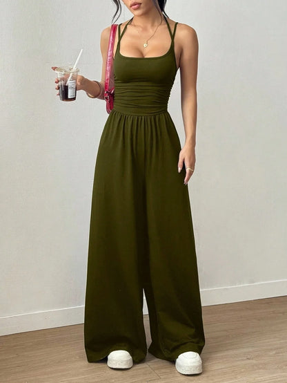 Women Halter Spaghetti Strap Jumpsuits Summer Casual Elastic High Waist Backless Wide Leg Long Pants Romper Club Party Overalls