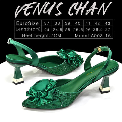 2026 Luxury Green 3D Rose Rhinestone Shoes And Bag Set Women Pointed Toe Slingback High Heels Matching Clutch For Wedding Party