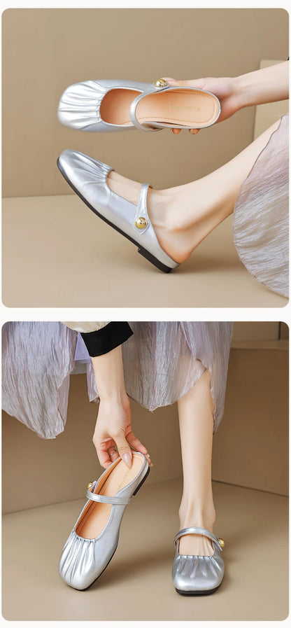 Women Closed Toe Mule Slippers Outdoor Wear Summer Silver One Strap Flat Beach Sandals Elegant Casual Daily Fashion Footwear