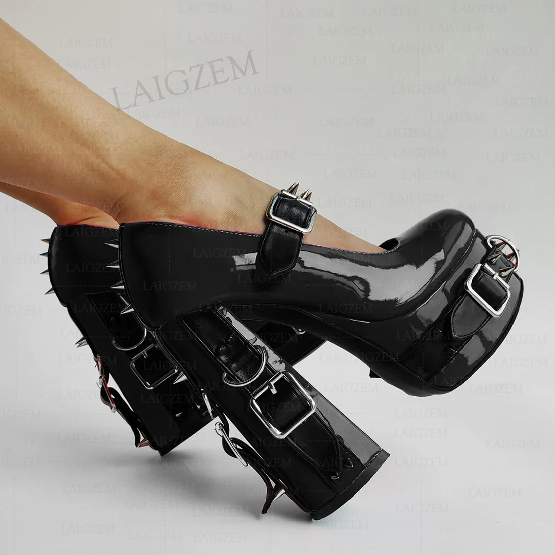 LAIGZEM Women Pumps Punk Rivets Patchwork Platform Cosplay Gothic Sandals Handmade Buckle Straps Shoes Woman Big Size 39 43 52