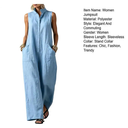 Elegant Women's Sleeveless Linen Blend Jumpsuit Button Down Collared Romper Casual Loose Summer Beach Vacation Boho Jumpsuits