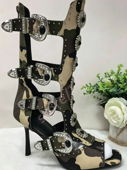 Women's 2026 Peep Toe Rhinestone Buckle Cutout Gothic Floral Mid-Calf Boots Punk Motorcycle Party Shoes with Rivets