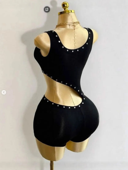 FLARORA Sexy Hollow Out Bandage Rompers Woman Trend Rivet Sleeveless Irregular Skinny Playsuits Hot Girl Party Club Streetwear