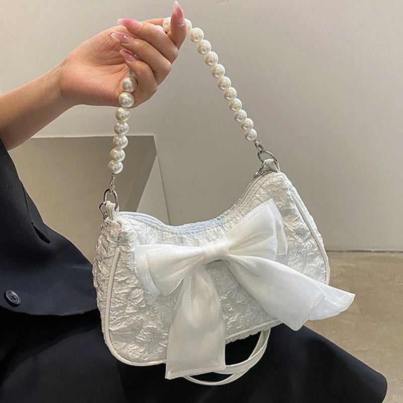 White Folds Pearl Female Bag Retro Luxury Designer Handbag Bow Crossbody Bags Fashion Y2K Vintage Women's Shoulder Bag Purses