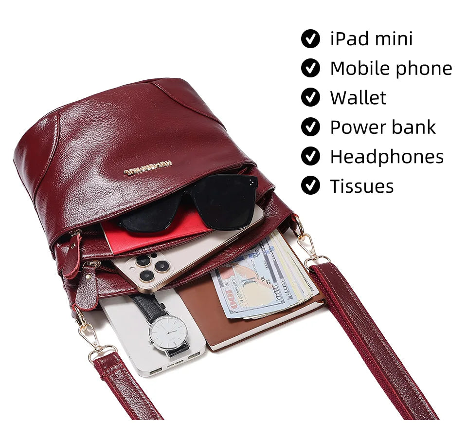 100% Genuine Leather Women Messenger Bags Casual Cell Phone Purse with Adjustable Strap Multiple Pockets Crossbody Shoulder Bag