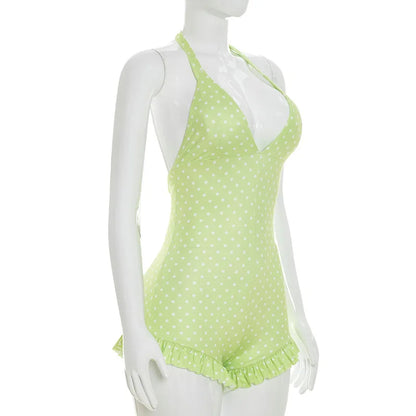 Bandage Halter Playsuits Women Polka Dot Print Summer Ruched Outfits Slim Backless Sleeveless V Neck Rompers Vacation Beach Gift