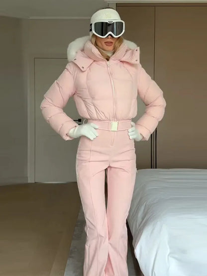 Fashion Pink Faux Fur Patchwork Hood Ski Jumpsuit Women Stand Collar Zipper Slim Pocket One Piece Suit 2026 Winter Lady Skiwears