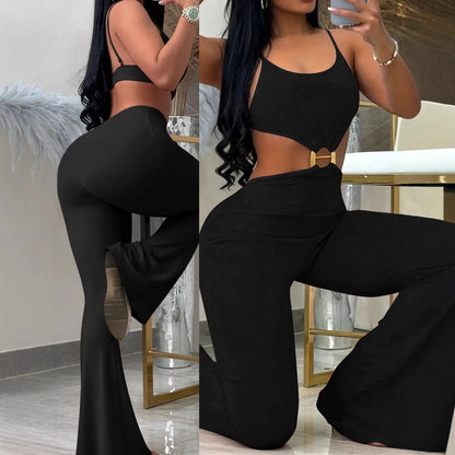 Summer Woman Jumpsuit Red Backless Jumpsuits High Waist Flared Leg Women's Elegant Romper Black Cut Out Waist Long Jumpsuit