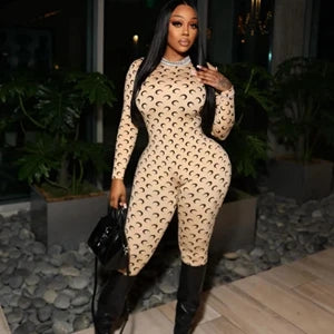 Womens Jumpsuit American Retro Slim Fit Sexy Moon Print Long Sleeve Round Neck Tight Fitting Leggings Versatile Autumn