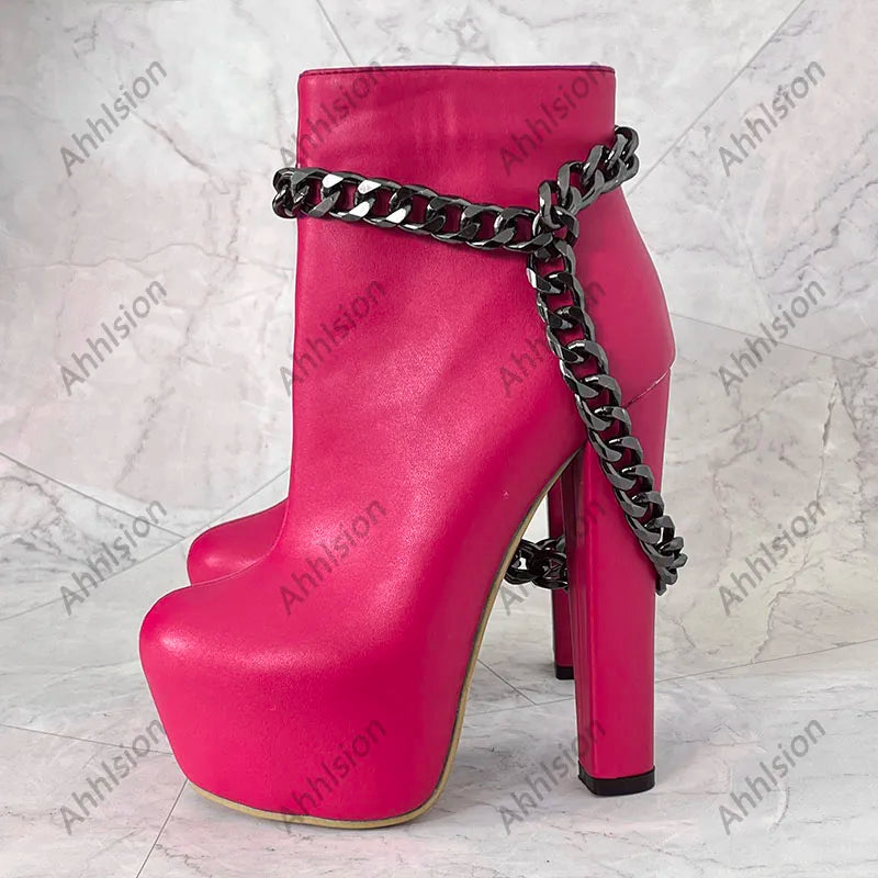 Ahhlsion New Women Winter Ankle Boots Platform Chunky Heels Chain Round Toe Pretty Blue Party Shoes Ladies US Plus Size 5-20