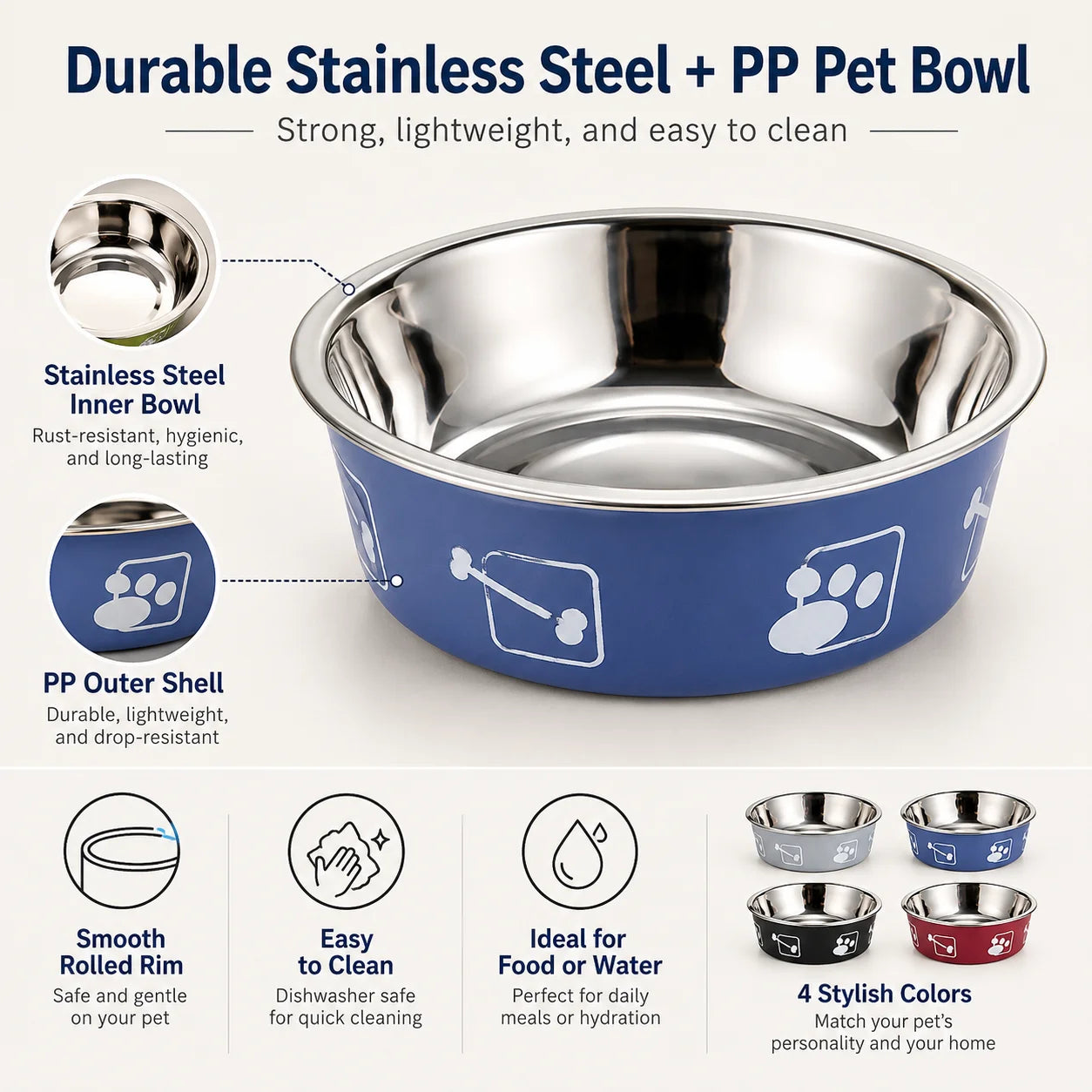 Stainless Steel Pet Bowl Thickened Anti Slip Dog Food Bowl Anti Knock Over Water Basin Pet Feeder for Cats Dogs