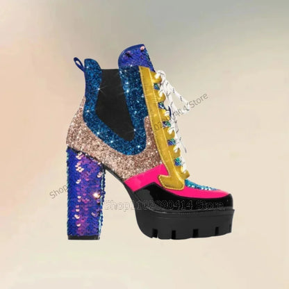 Colorful Sequins Patchwork Round Toe Platform Boots Cross Tied Women Shoes Chunky High Heels Fashion 2025 Zapatos Para Mujere