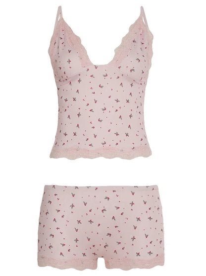 Summer Two-piece Pajamas Set for Women Sleepwear  Floral Lace Pink Sleeveless Camisoles and Slim Shorts Loungewear
