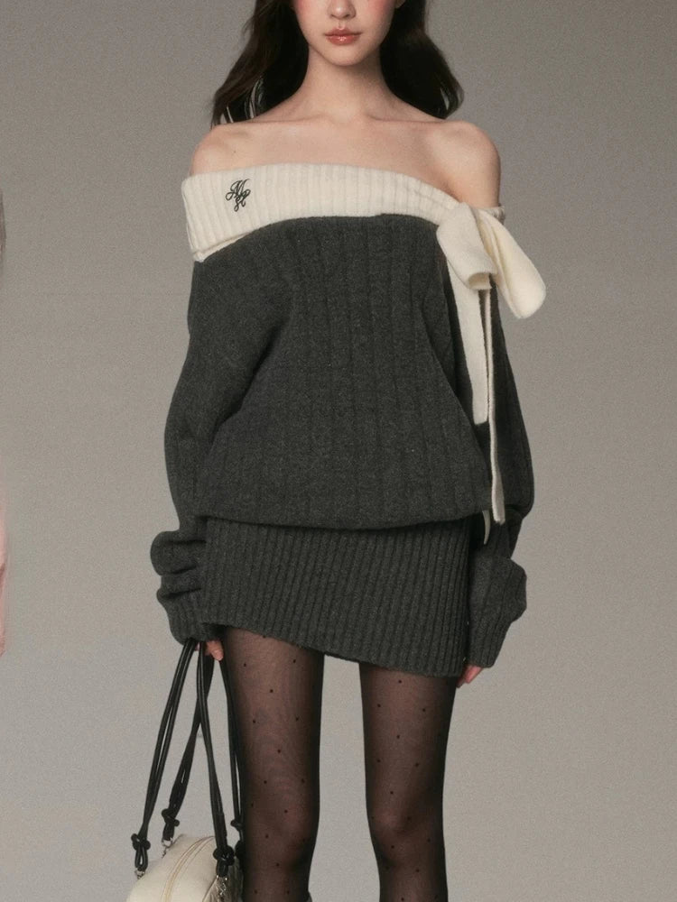 Vintage Off Shoulder Knit Dress Women Autumn Winter Sweet Style Long Sleeve Bow Design Dress Thick Warm Elegant Fashion Outfit