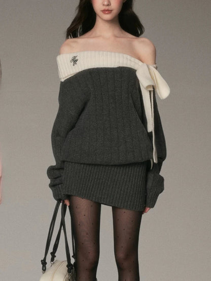 Vintage Off Shoulder Knit Dress Women Autumn Winter Sweet Style Long Sleeve Bow Design Dress Thick Warm Elegant Fashion Outfit