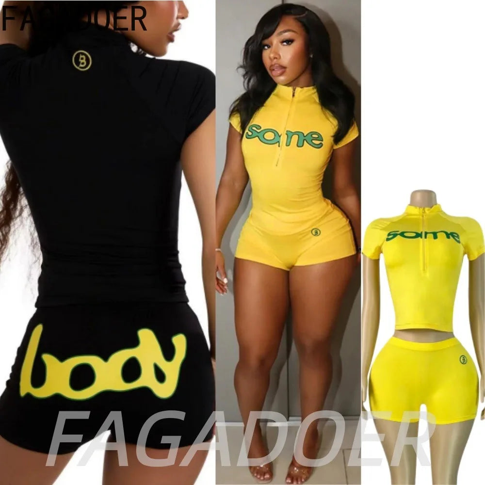 FAGADOER Fashion Letter Print Shorts 2 Piece Suits Casual Zipper Stand Collar Crop Top + Bodycon Shorts Outfits Streetwear Sets
