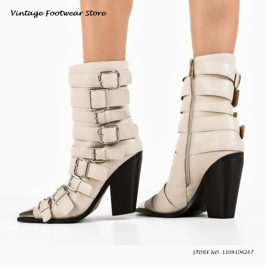 Metal Pointed Toe Belt Buckles Booties 2025 Spring Autumn Side Zipper Solid Plus Size Shoes Women's Chunky Heel Ankle Boots