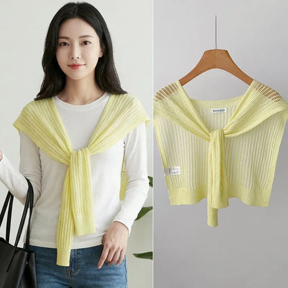 Lace Hollow Linen Knitted Shawl Summer Air Conditioning Fake Collar Neck Guard Knit Thin Knotted Cape Shoulder Scarf For Women