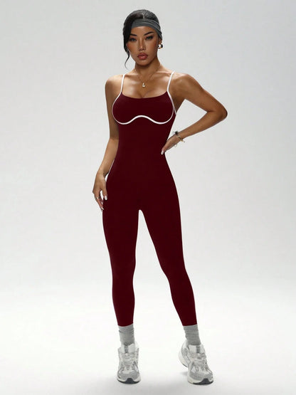 U-Back Contrast Trim Yoga Bodysuit Adjustable Thin Strap One Piece Workout Jumpsuit High Stretch Butt Lifting Gym Fitness Romper