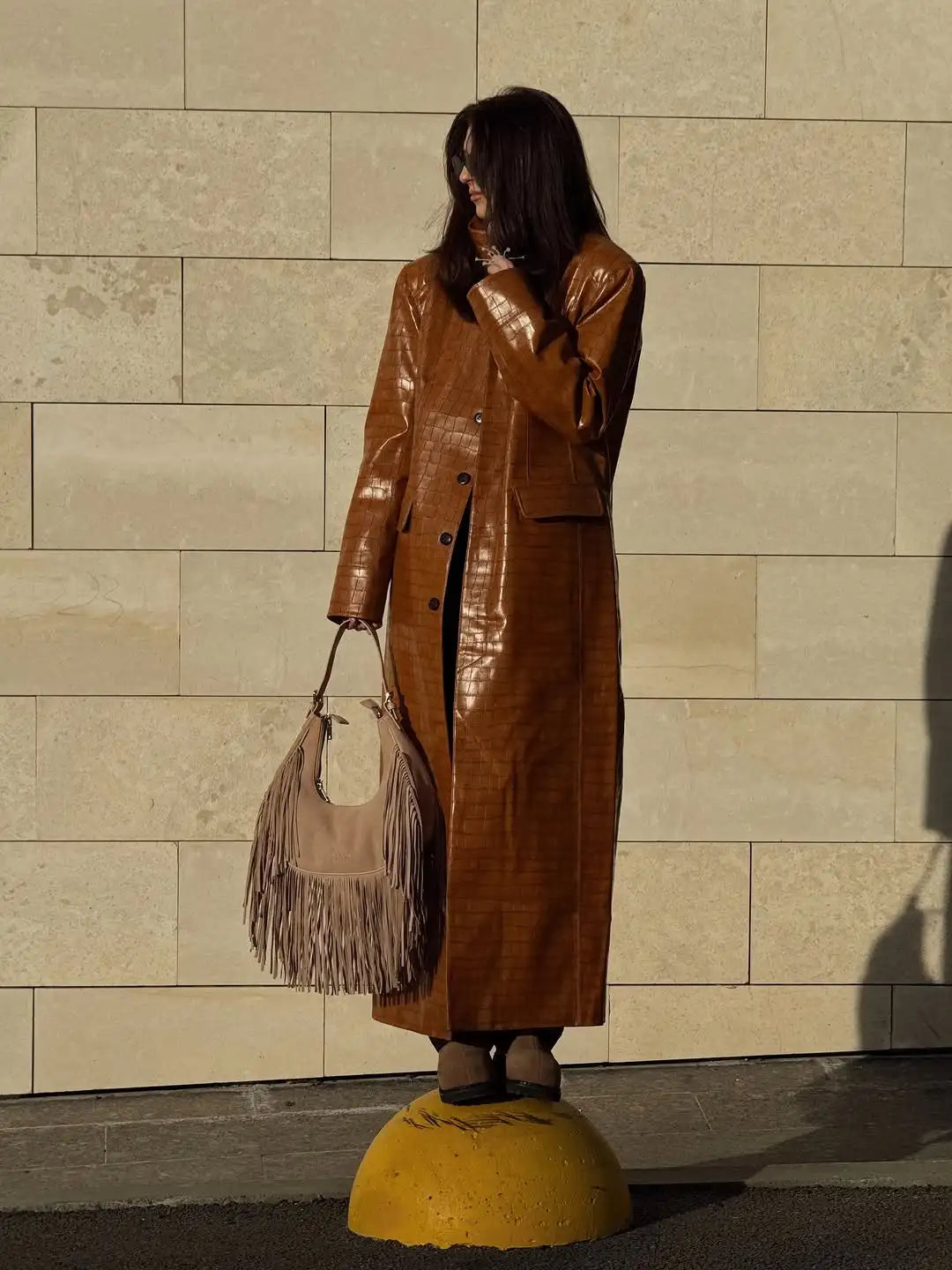 Women Brown Croc Embossed Faux Leather Maxi Trench Coat Lapel Single Breasted Straight Long Front Pockets Vintage Autumn Winter
