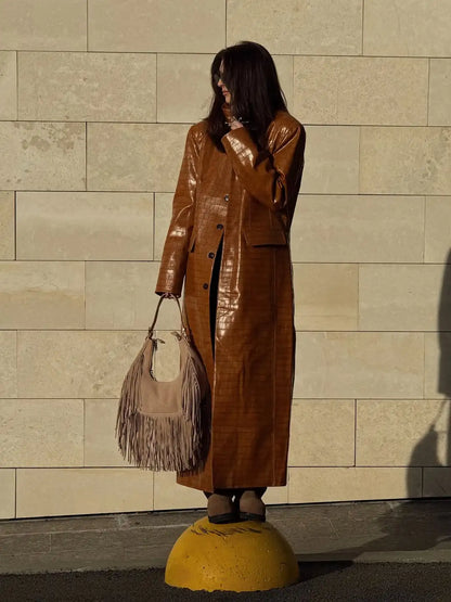 Women Brown Croc Embossed Faux Leather Maxi Trench Coat Lapel Single Breasted Straight Long Front Pockets Vintage Autumn Winter