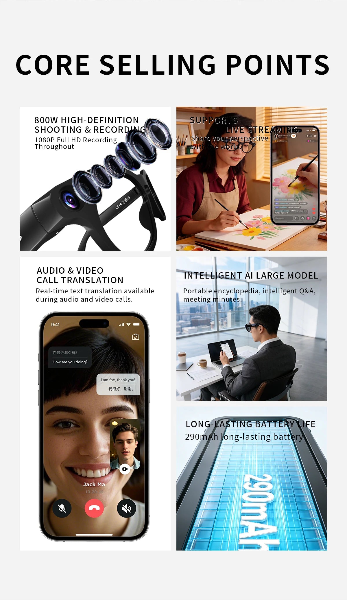 2026 Smart Glasses 800W HD Camera 1080P Audio&Video Translation Intelligent AI Large Model music playback 290mAh Smart Glasses