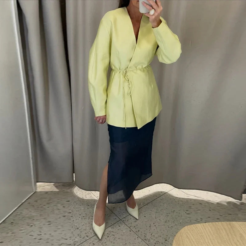 Elegant Women's Lace Up Shirt Pant Sets 2026 Summer V-neck Long Sleeve Top High Waist Loose Wide Leg Pant Two Piece Set Women