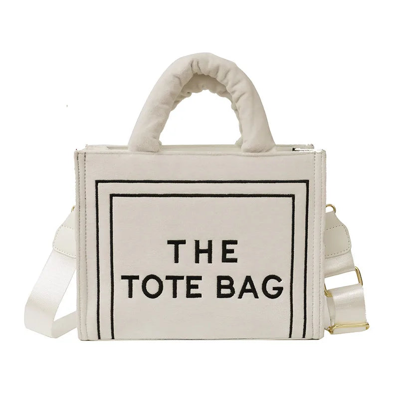 Women's Khaki Velour Tote Bag Original Letter Print Medium Ladies Shopper Handbag Female Square Medium Shoulder Bags