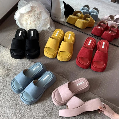 Women Platform Slippers Fashion Wedge Heeled Sandals Luxury Suede Casual Slides Summer New Beach Shoes for Women Sandalias Mujer