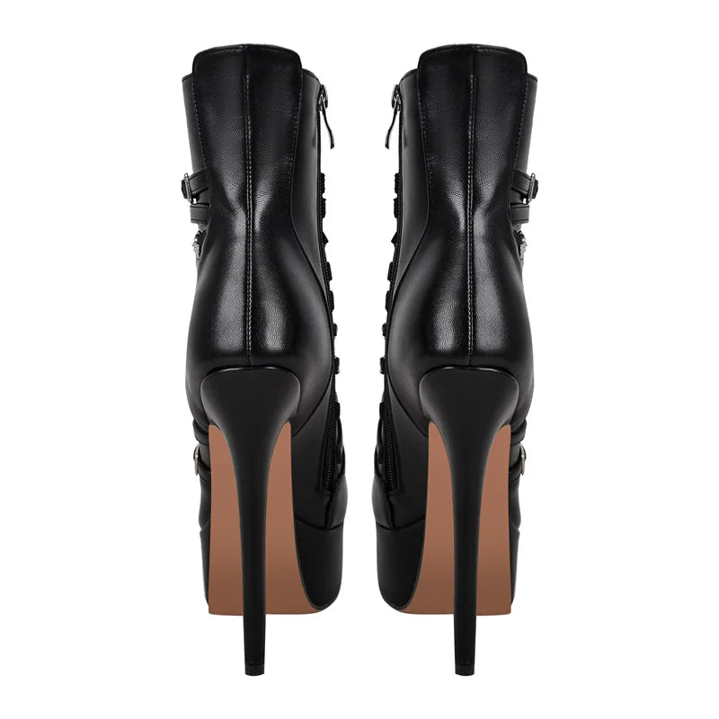 Onlymaker Women Platform  Ankle Boots Black Matte Side Zipper  Big Size Stilettos Winter Booties