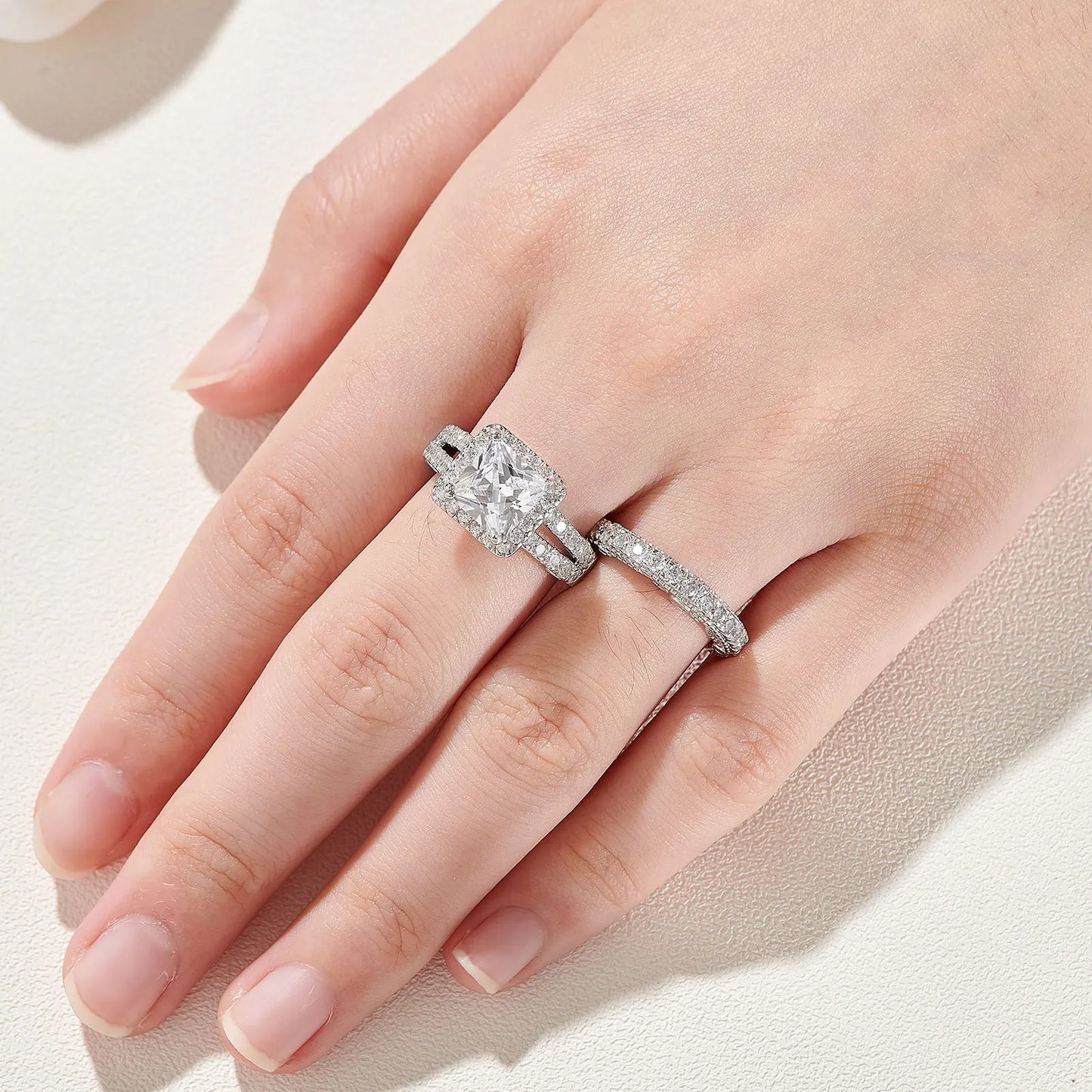 Newshe 2Pcs Solid 925 Sterling Silver Wedding Rings for Women Bridal Set 8*8mm 3CT Princess Cut 5A Cubic Zircon Fine Jewelry