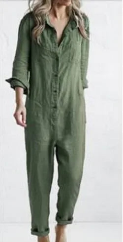 Cotton Jumpsuit Women Sexy Vintage Romper Long Pants Slim Bodycon Jumpsuits Long Sleeve Streetwear Green Y2k Casual Cargo Pants