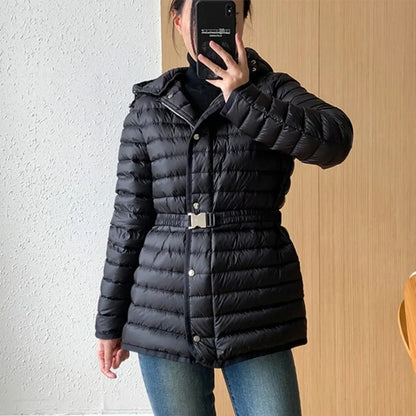 2025 Autumn Winter Luxury Lightweight Short Slim 90% White Duck Down Jacket Women Hooded Detachable Sash Warm Down Coat Fashion