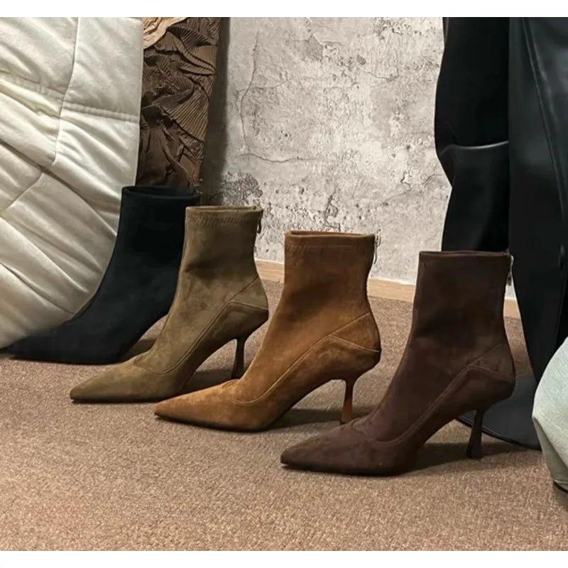 Designer Vintage Women Ankle Boots Fashion Pointed Toe Shoes Autumn Winter High Heel Ladies Elegant Stretch Slim Short Booties