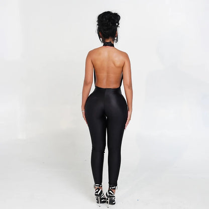 Halter Backless Jumpsuit Woman Sexy Hollow Fit Patchwork Waist Ruched Midnight Activity Workout Streetwear Overalls