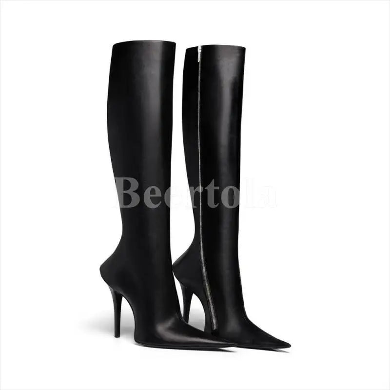 Black Leather Pointed Toe Ankle Boots Woman High Heels Stiletto Side Shaped Zipper Knee-High Boots Lady Sexy Boots