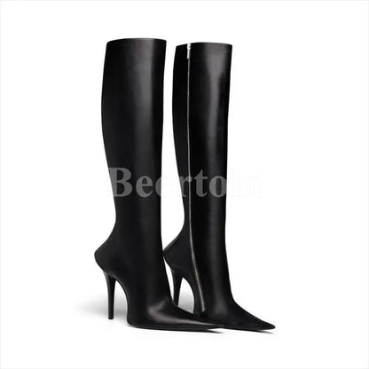 Black Leather Pointed Toe Ankle Boots Woman High Heels Stiletto Side Shaped Zipper Knee-High Boots Lady Sexy Boots